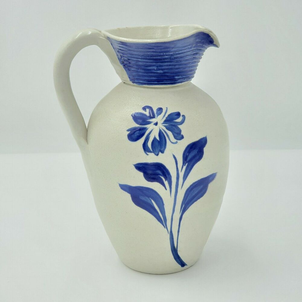 Williamsburg Pottery Country Style Pitcher Vase Cobalt Blue Flowers Stamped VTG